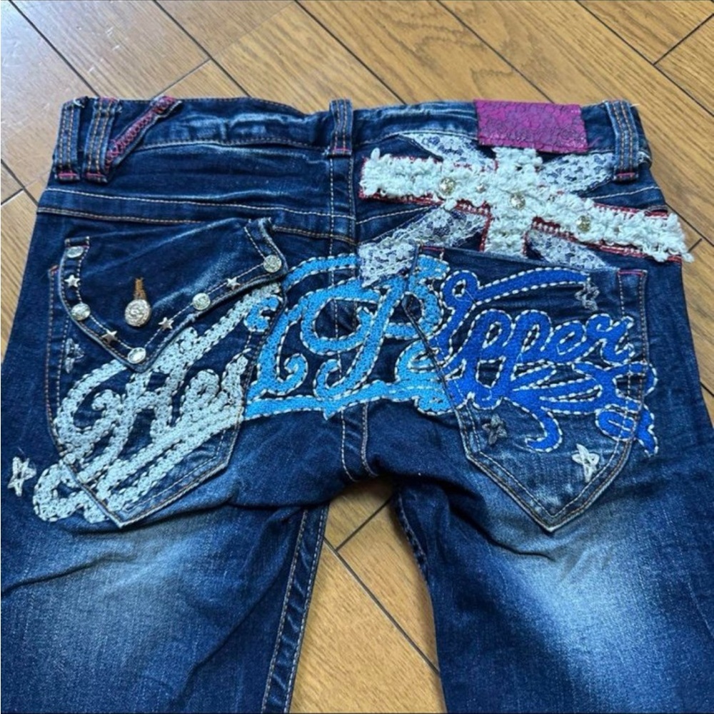 DO NOT BUY Japanese Red Pepper Women's Blue Flare Jeans with y2k gyaru UK flag